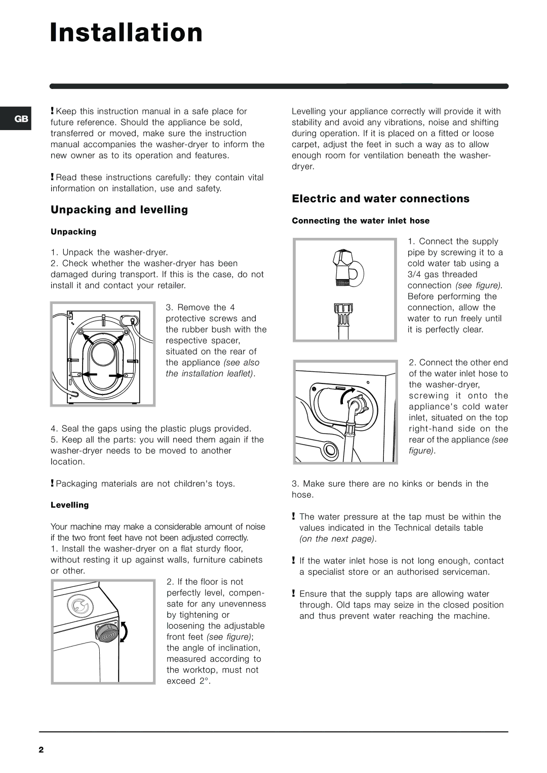 Indesit IWDE 126 manual Installation, Unpacking and levelling, Electric and water connections 