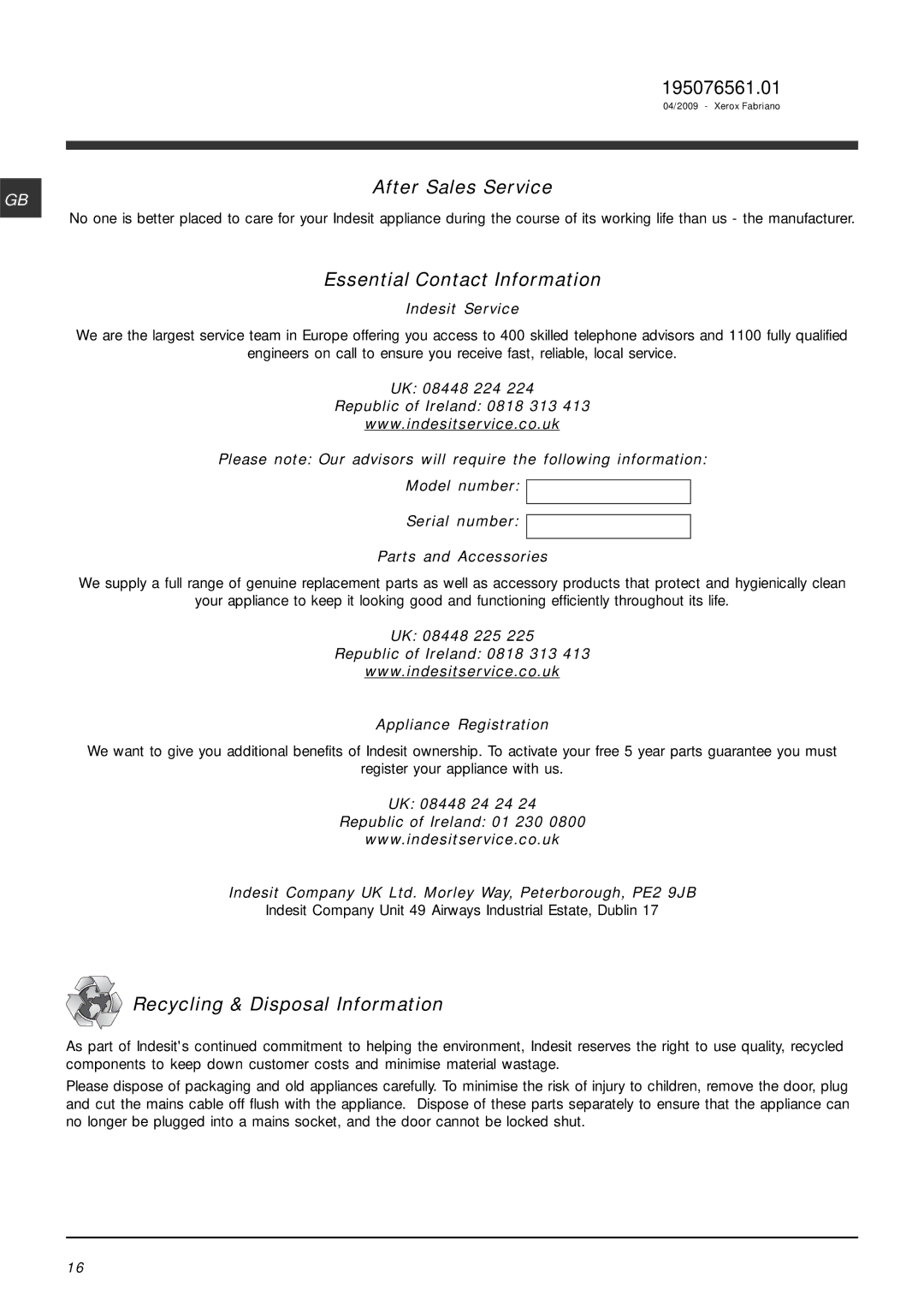 Indesit IWDE 7125 After Sales Service, Essential Contact Information, Recycling & Disposal Information, Indesit Service 