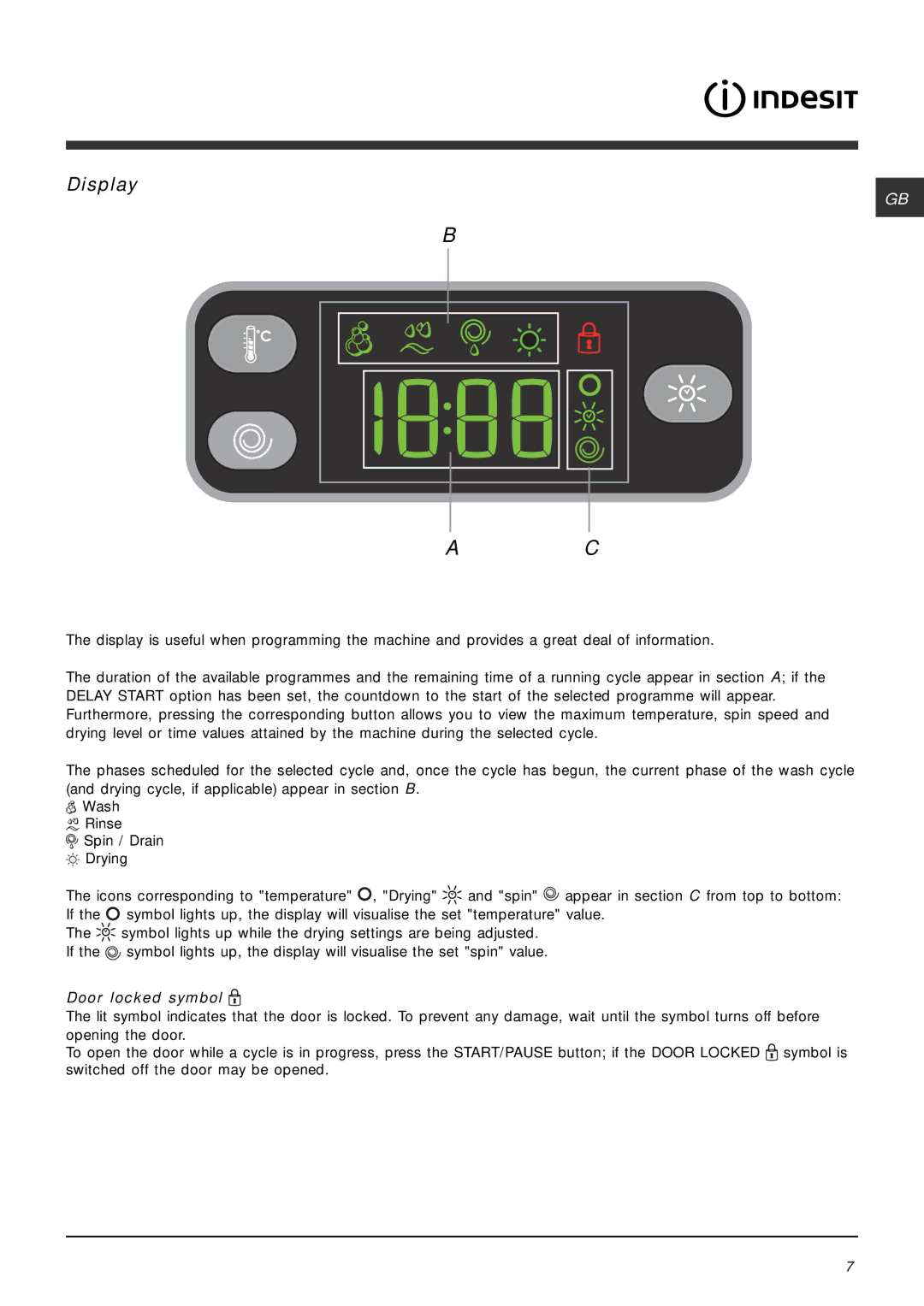 Indesit IWDE 7125 manual Display, Door locked symbol 