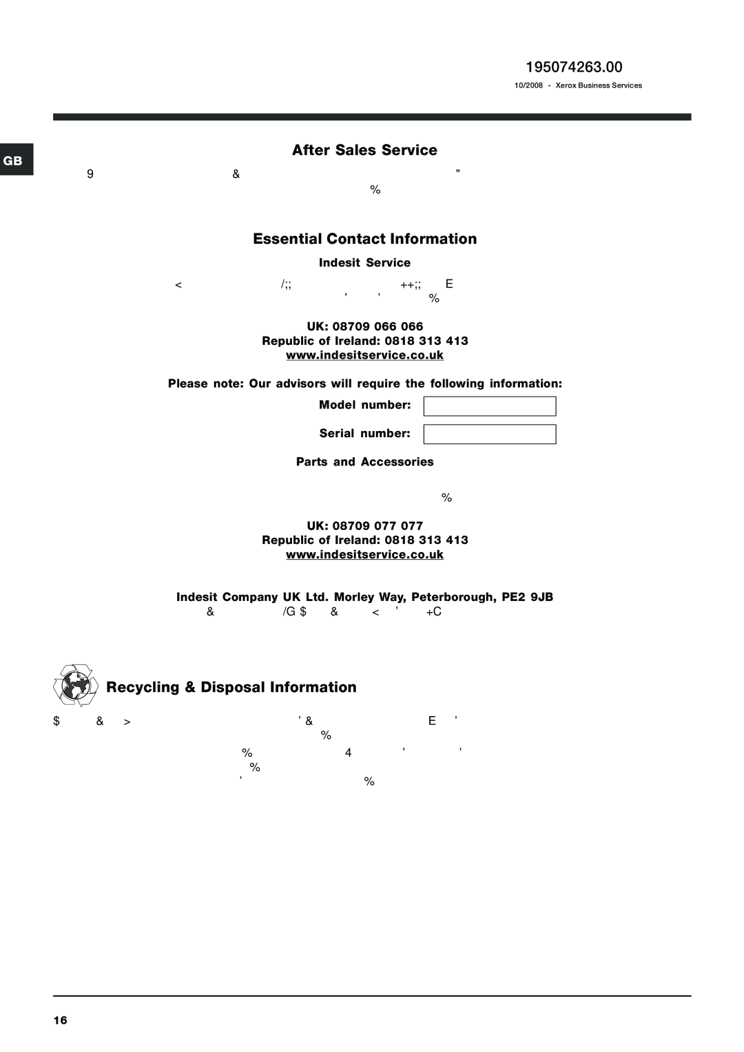 Indesit IWDE 7145 manual 195074263.00, After Sales Service, Essential Contact Information, Recycling & Disposal Information 