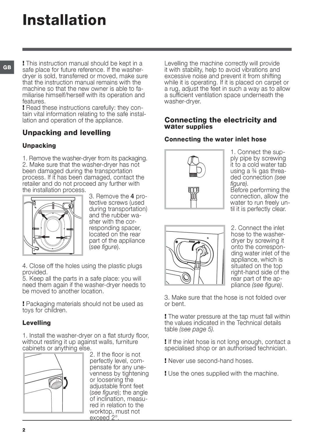 Indesit IWDE 7168 manual Installation, Unpacking and levelling 