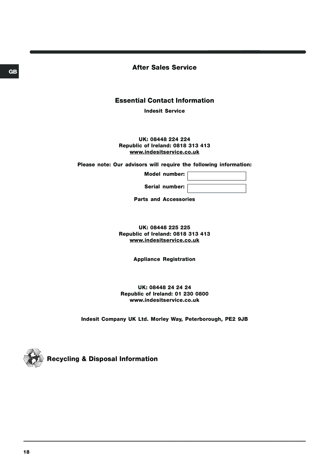 Indesit IWDE126 instruction manual After Sales Service, Essential Contact Information, Recycling & Disposal Information 