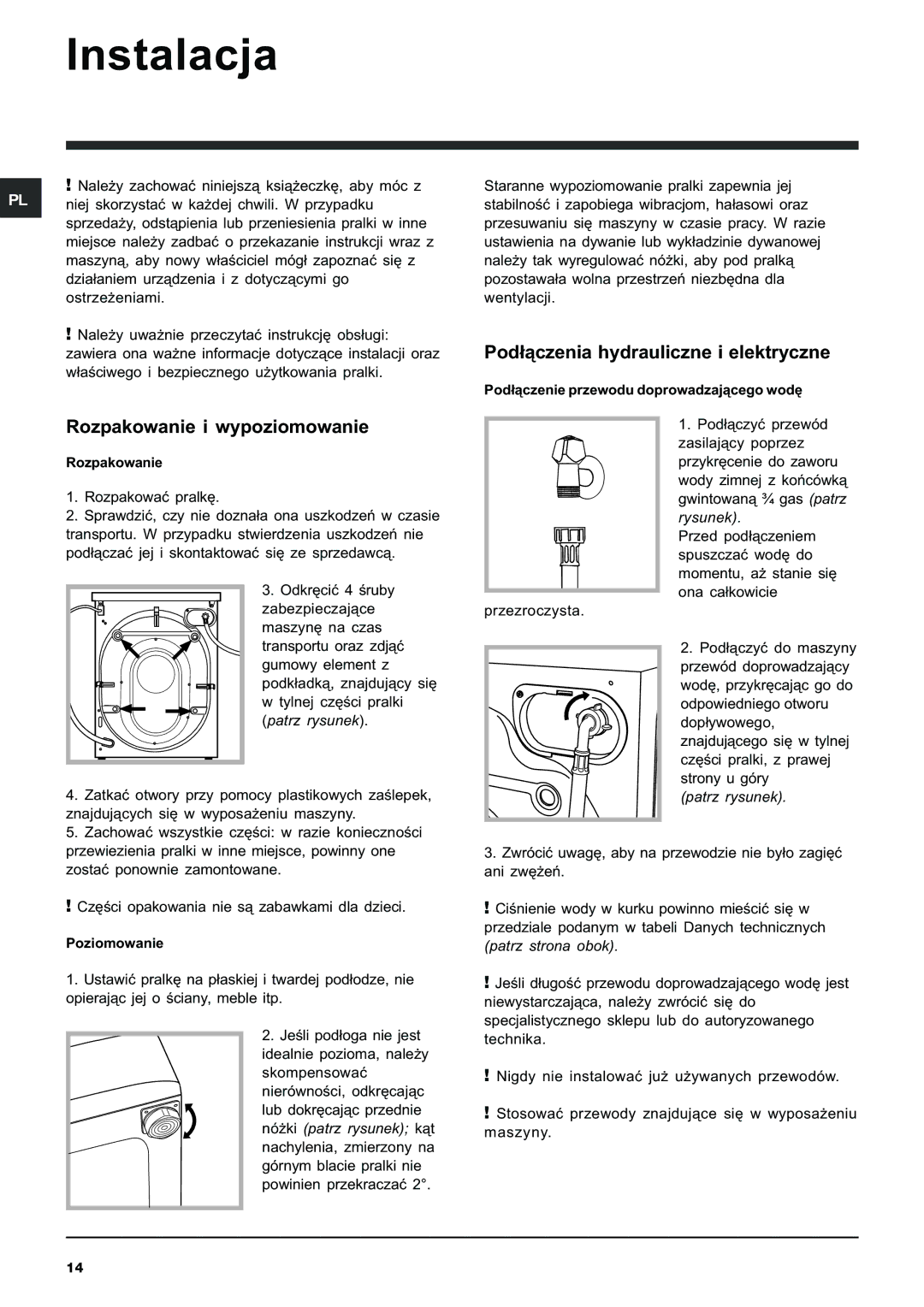 Indesit IWE 6125 manual Instalacja, Pod³¹czenia hydrauliczne i elektryczne, Rozpakowanie i wypoziomowanie 