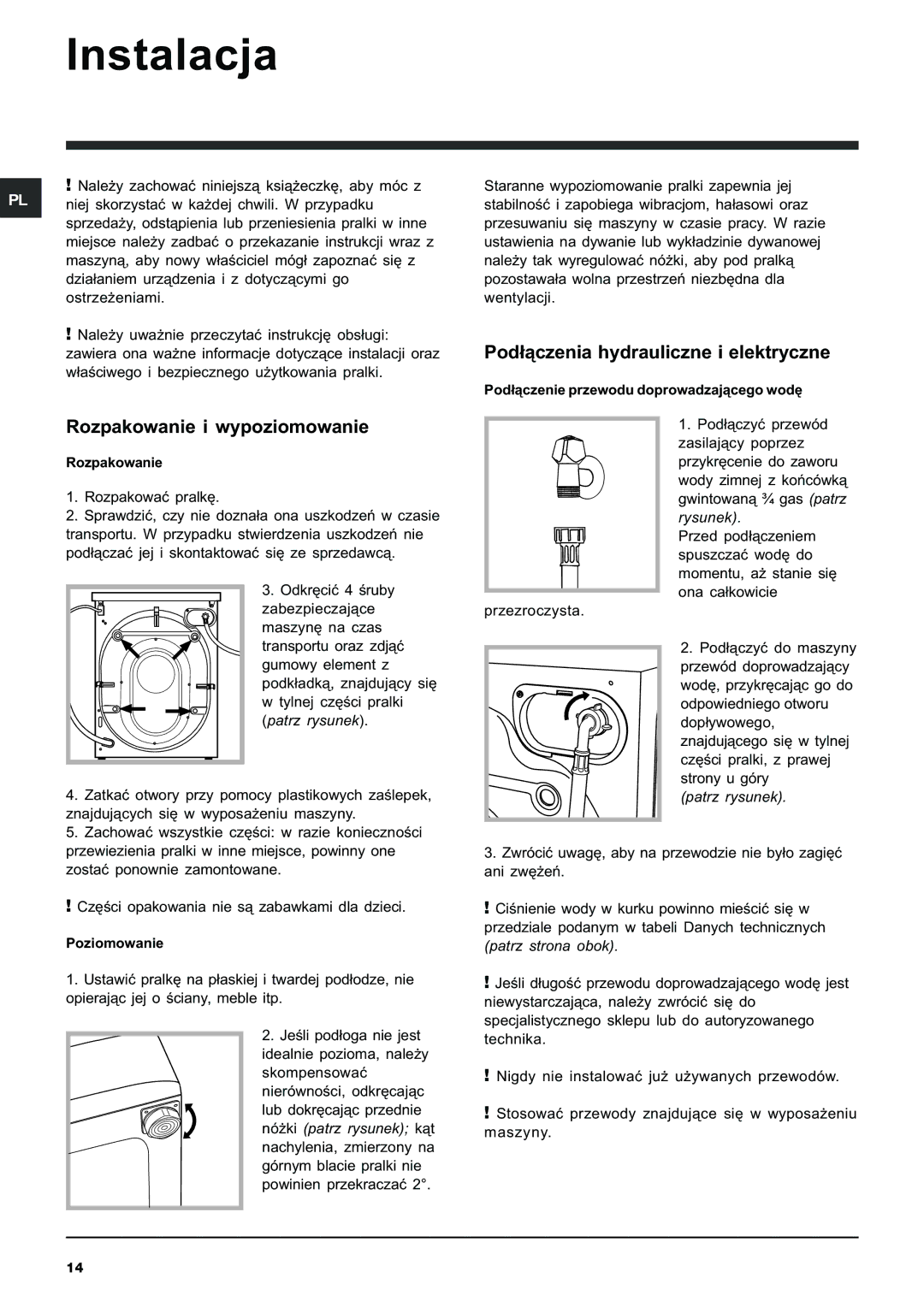 Indesit IWE 7125 manual Instalacja, Pod³¹czenia hydrauliczne i elektryczne, Rozpakowanie i wypoziomowanie 