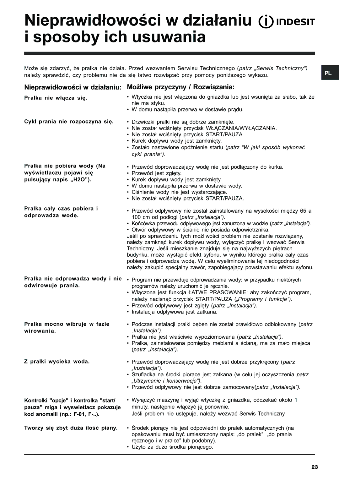 Indesit IWE 7125 manual Nieprawid³owoœci w dzia³aniu i sposoby ich usuwania, Mo¿liwe przyczyny / Rozwi¹zania 