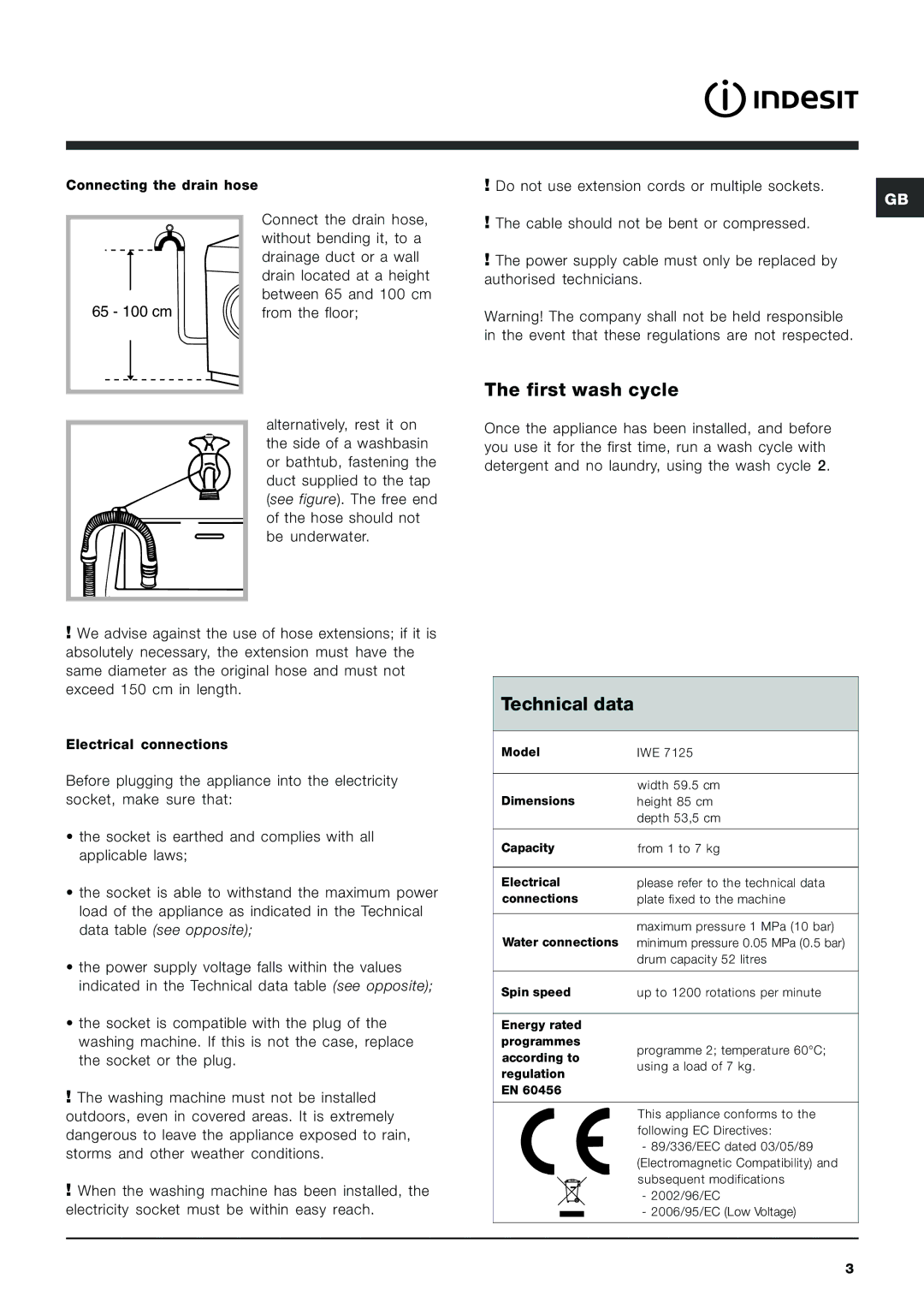 Indesit IWE 7125 manual First wash cycle, Technical data 