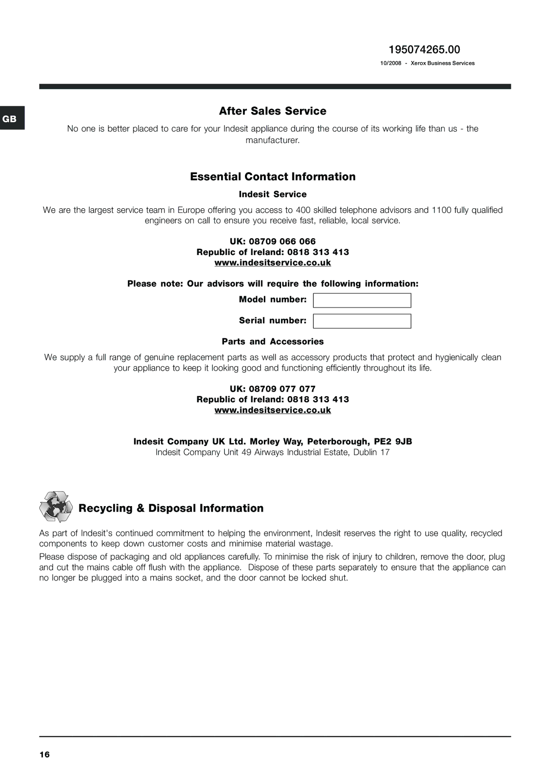 Indesit IWE 7145 S 195074265.00, After Sales Service, Essential Contact Information, Recycling & Disposal Information 