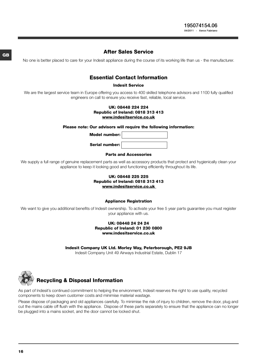 Indesit IWE 7145 manual 195074154.06, After Sales Service, Essential Contact Information, Recycling & Disposal Information 