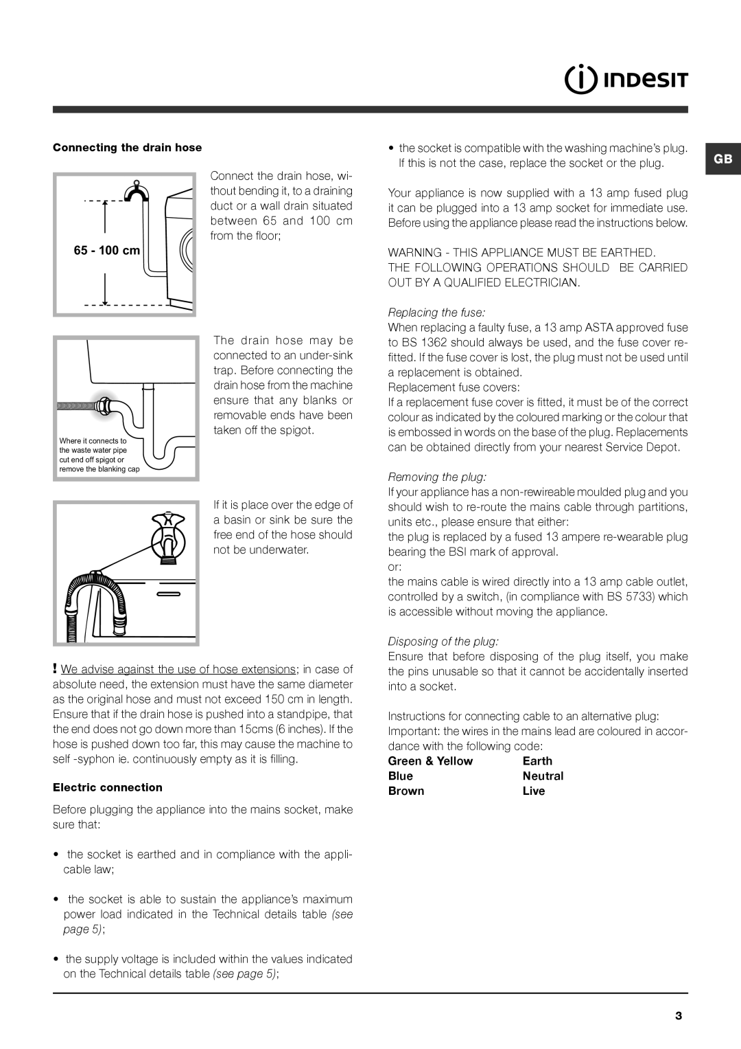 Indesit IWE 7168 S Replacement is obtained, Replacement fuse covers, Units etc., please ensure that either, Into a socket 