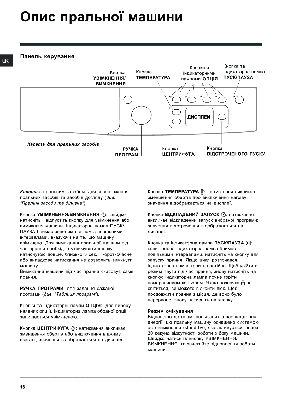 Indesit IWE 8128 manual Îïèñ ïðàëüíî¿ ìàøèíè, Ïàíåëü êåðóâàííÿ 