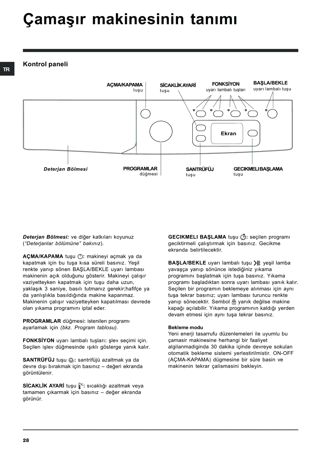 Indesit IWE 8128 manual Çamaþýr makinesinin tanýmý, Kontrol paneli 