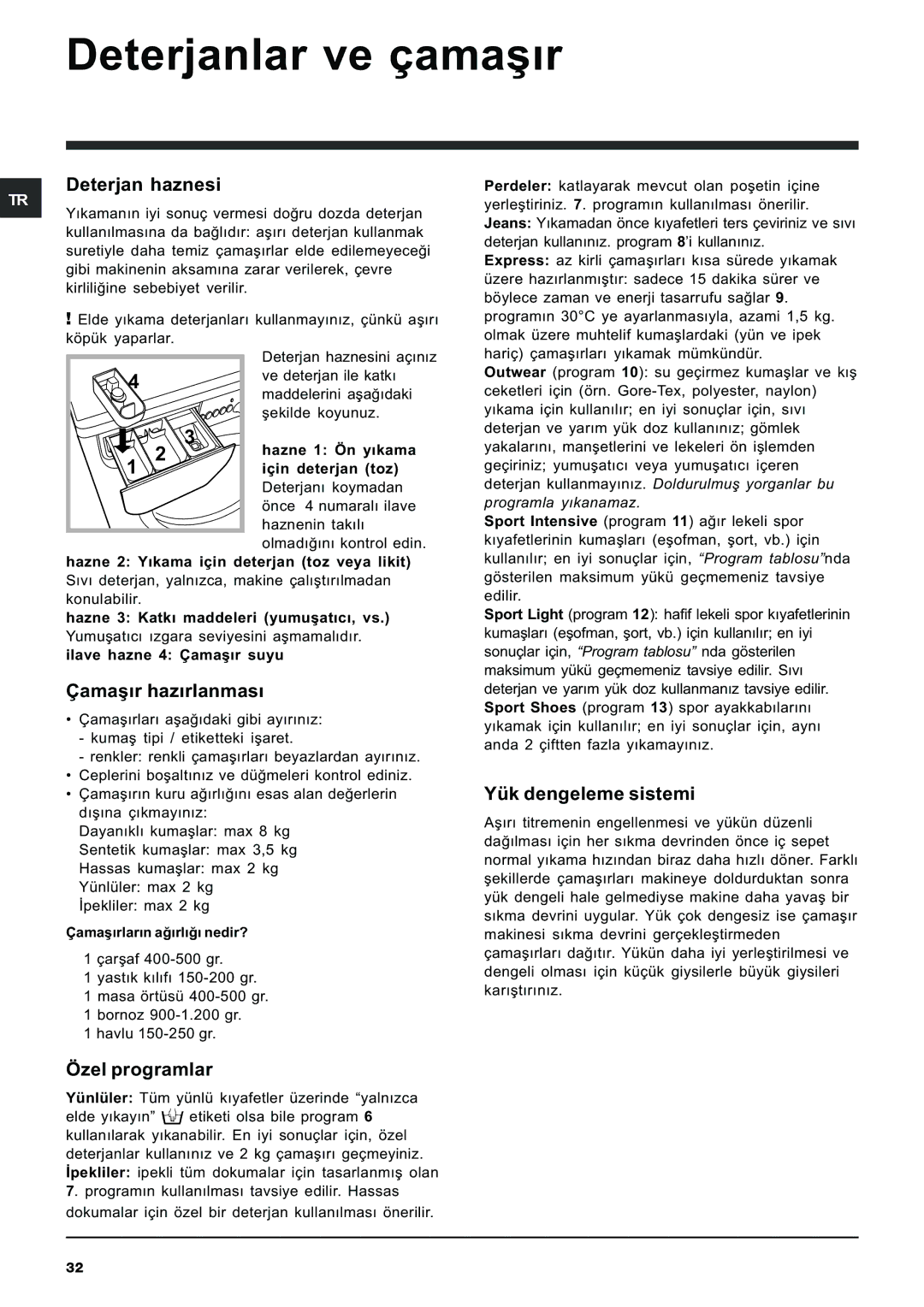 Indesit IWE 8128 Deterjanlar ve çamaþýr, Deterjan haznesi, Çamaþýr hazýrlanmasý, Yük dengeleme sistemi, Özel programlar 