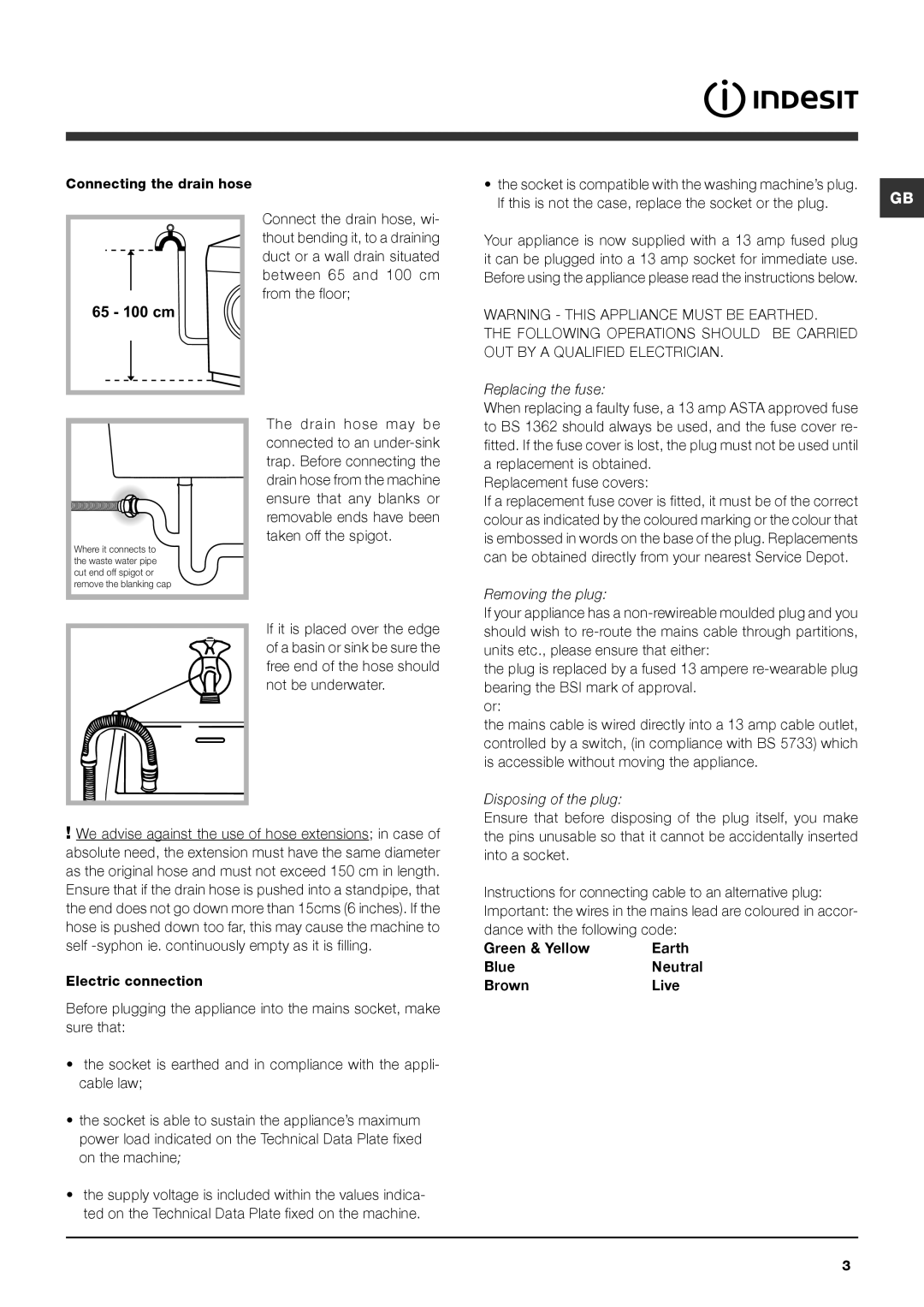 Indesit IWE 91281 Replacement is obtained, Replacement fuse covers, Units etc., please ensure that either, Into a socket 