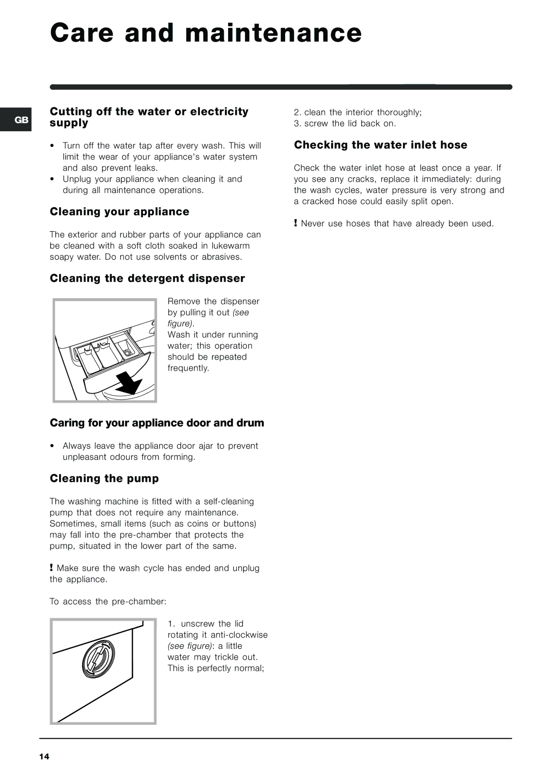 Indesit IWME 12 manual Care and maintenance 