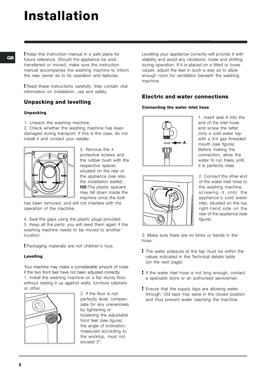 Indesit IWME 12 manual Installation, Unpacking and levelling, Electric and water connections 