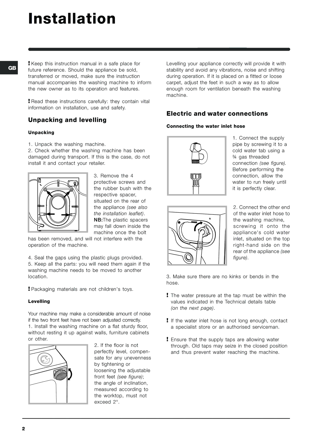 Indesit IWME 126 manual Installation, Unpacking and levelling, Electric and water connections 