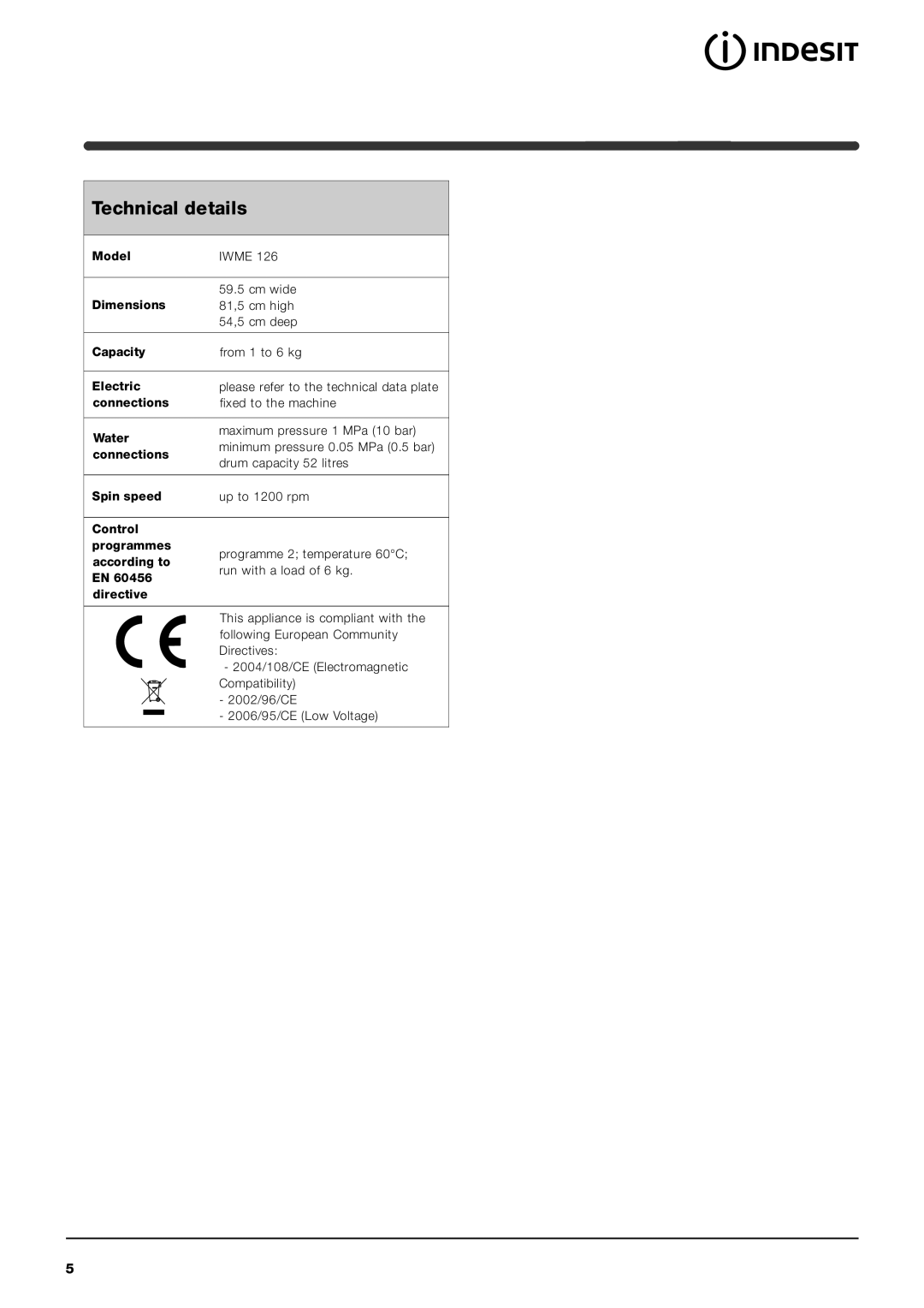 Indesit IWME 126 manual Technical details 