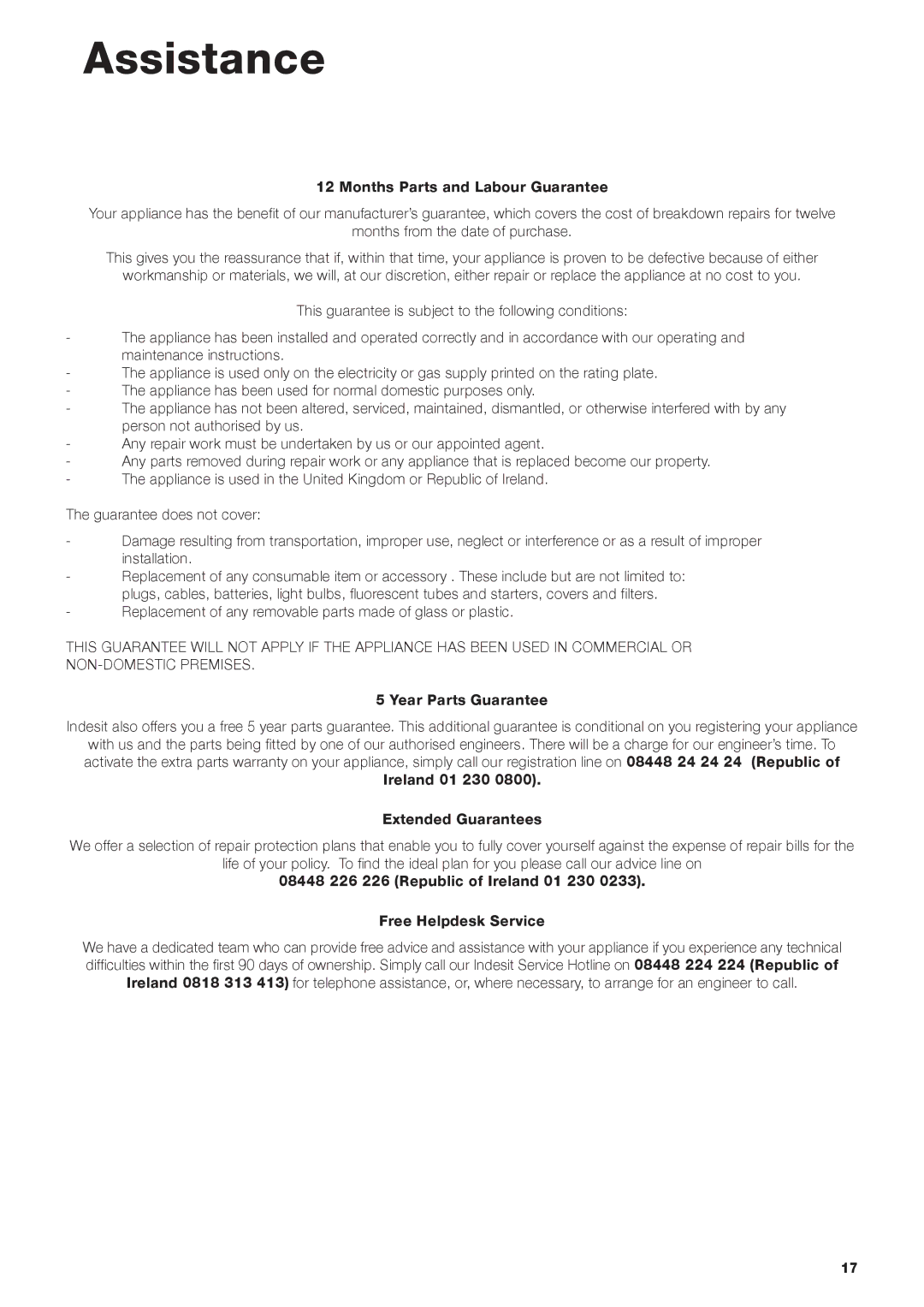 Indesit IWME 126 manual Assistance, Replacement of any removable parts made of glass or plastic 