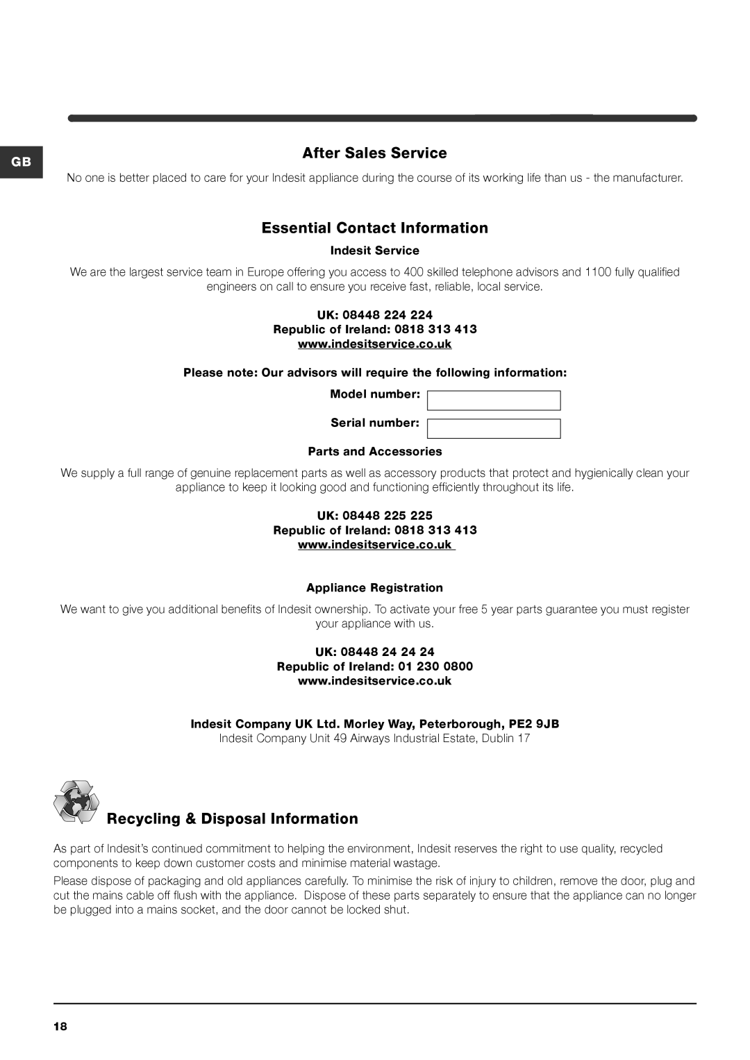 Indesit IWME 126 manual After Sales Service, Essential Contact Information, Recycling & Disposal Information 