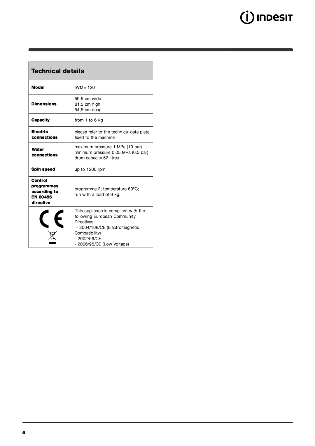 Indesit IWME 126 manual Technical details 