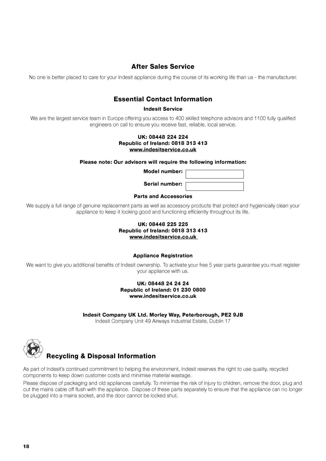 Indesit IWME 147 manual After Sales Service, Essential Contact Information, Recycling & Disposal Information 