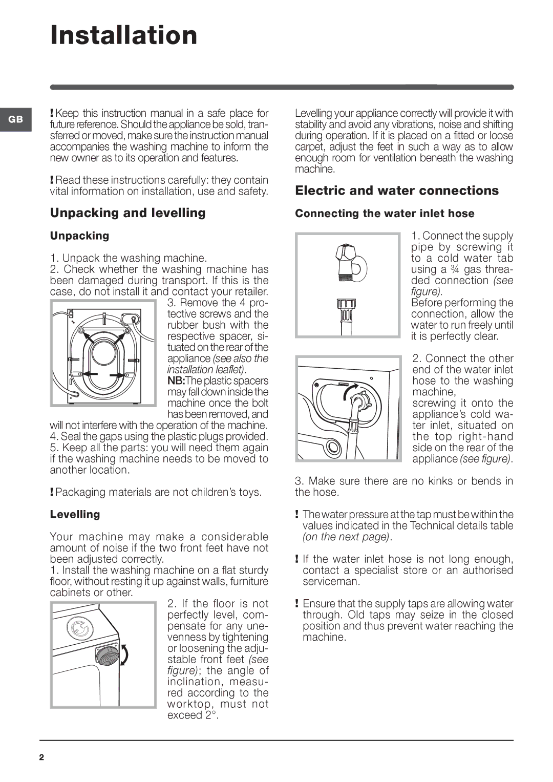 Indesit IWME 147 manual Unpacking and levelling, Electric and water connections, Installation leaflet 