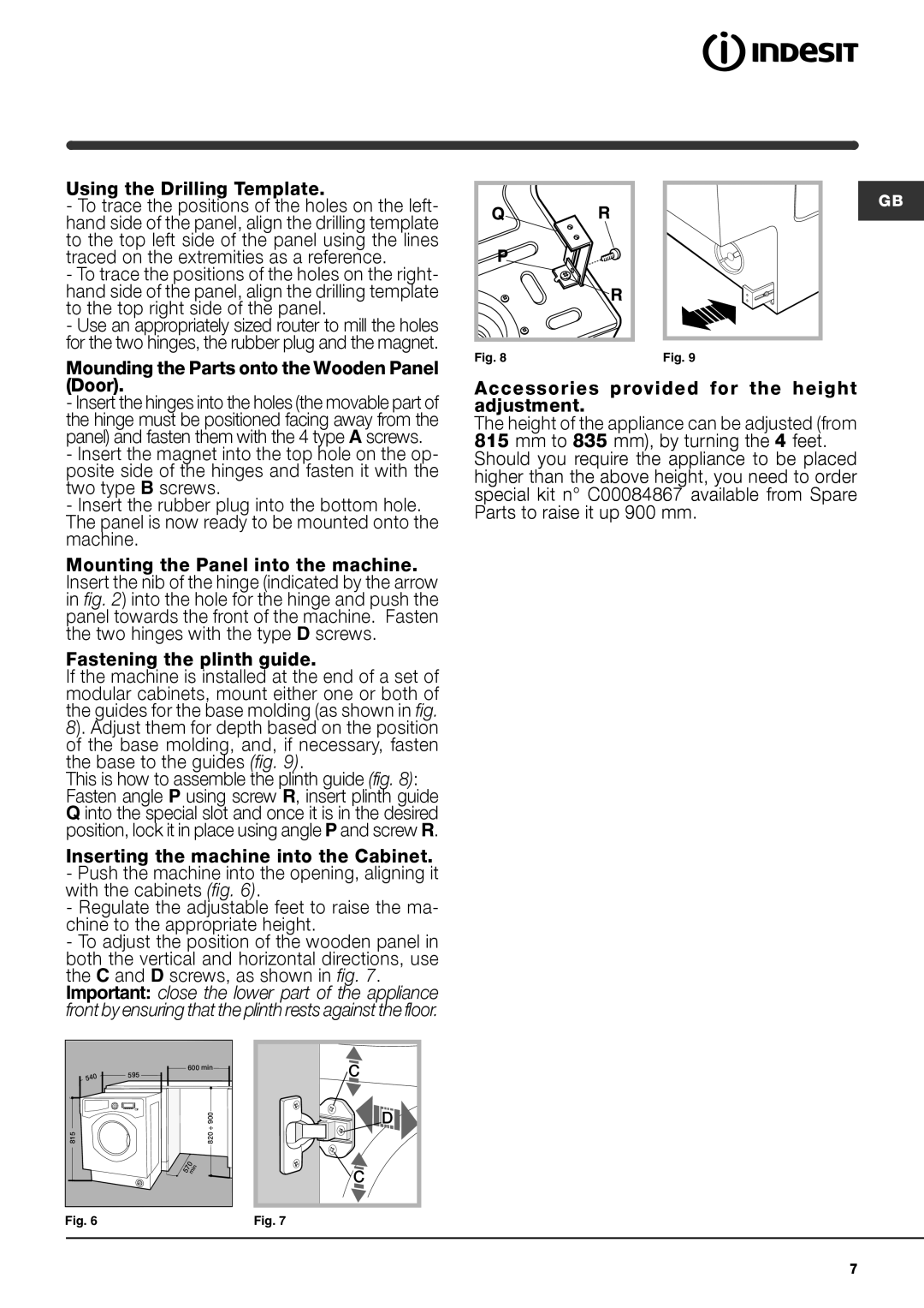 Indesit IWME 147 manual Using the Drilling Template, Mounding the Parts onto the Wooden Panel Door 