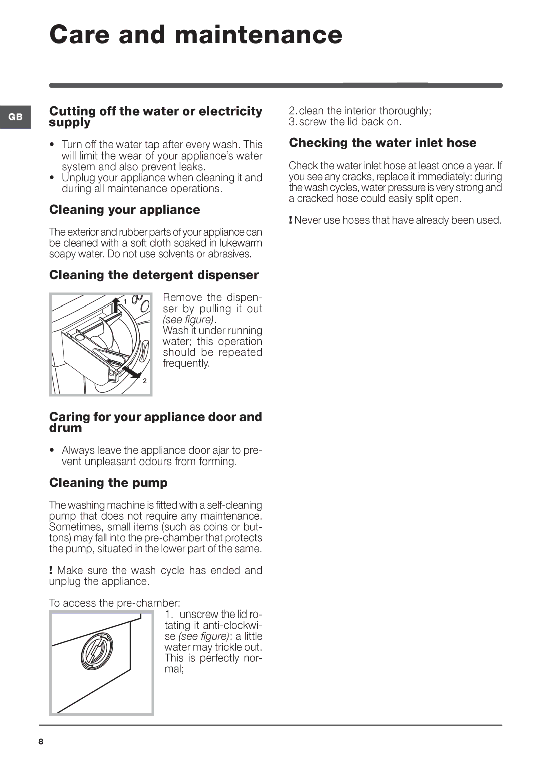 Indesit IWME 147 manual Care and maintenance 