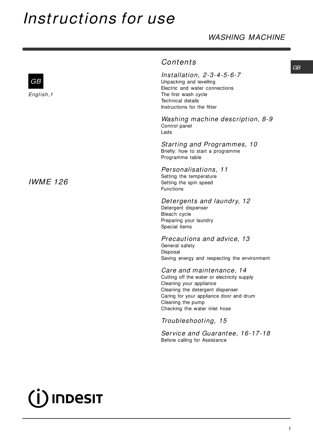 Indesit IWME126 manual Instructions for use, Washing Machine 