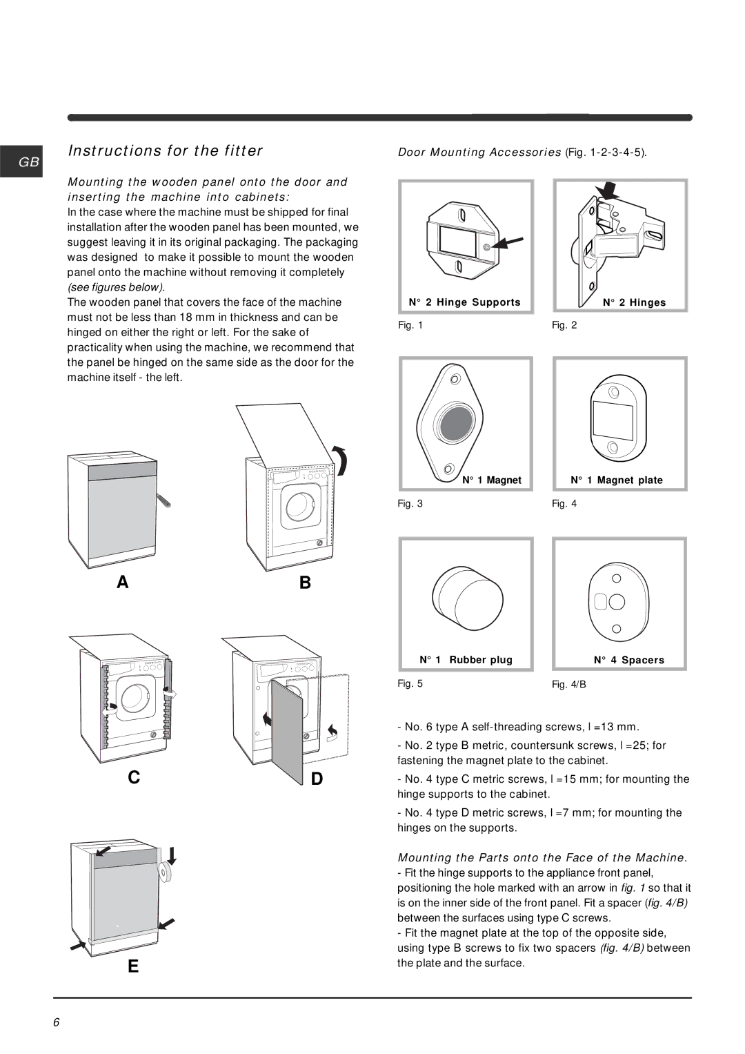 Indesit IWME126 manual Instructions for the fitter, Door Mounting Accessories Fig 