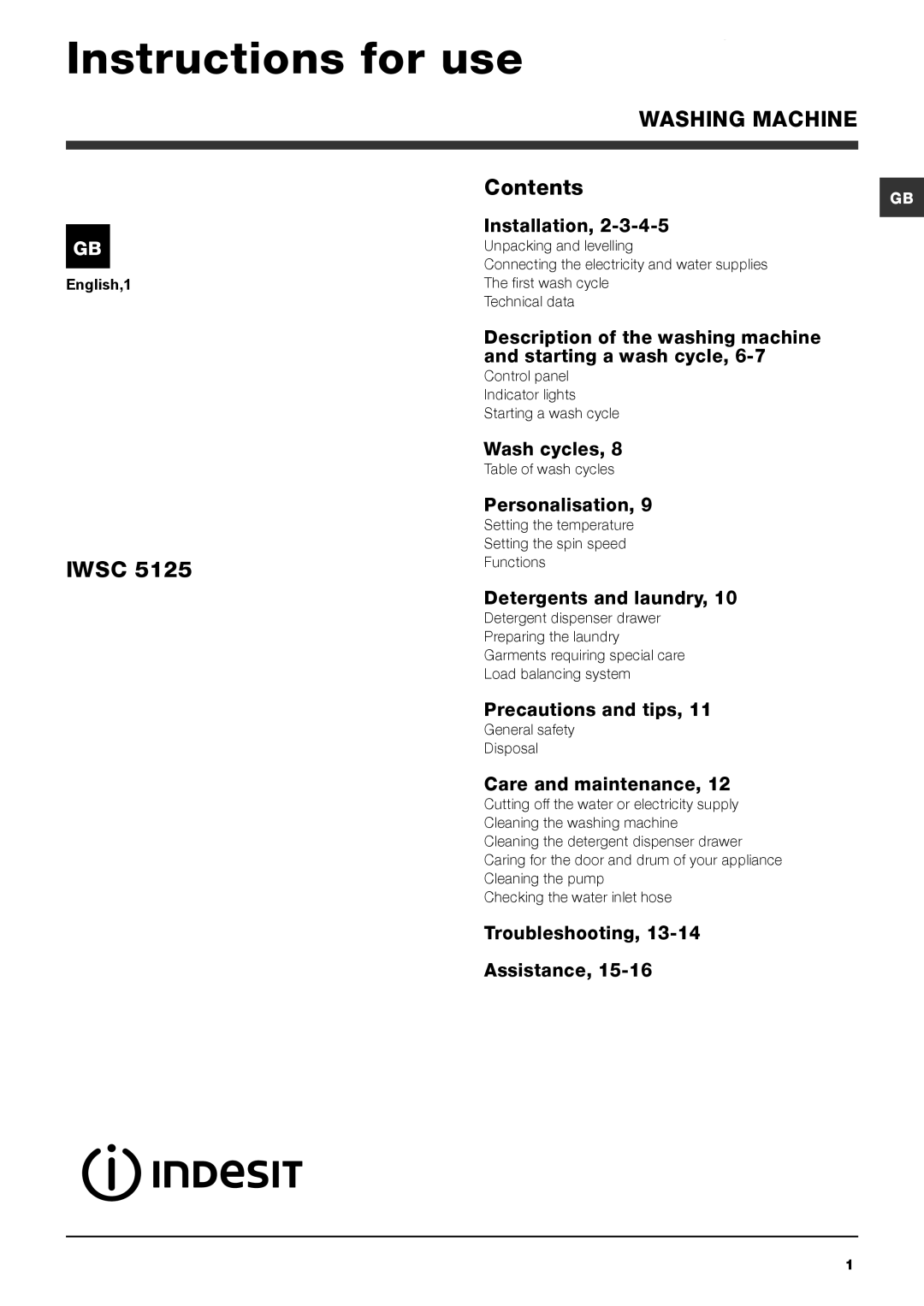 Indesit IWSC 5125 manual Instructions for use, Washing Machine 