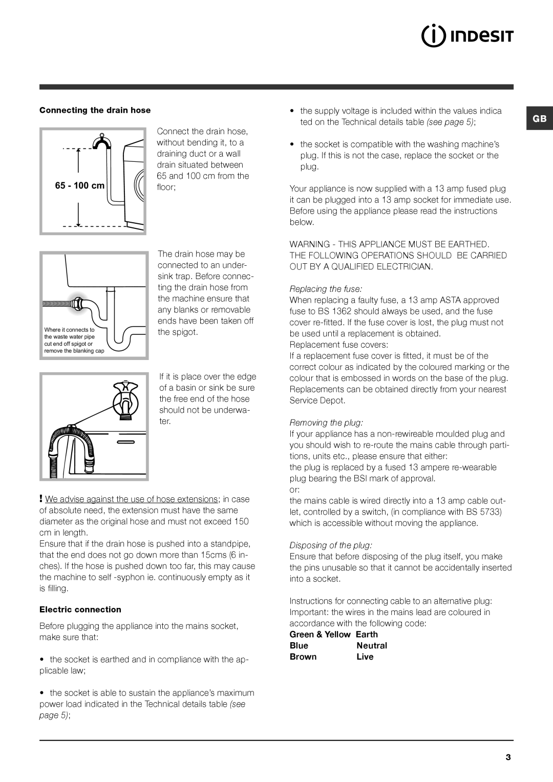 Indesit IWSC 5125 manual Replacing the fuse, Removing the plug, Disposing of the plug 