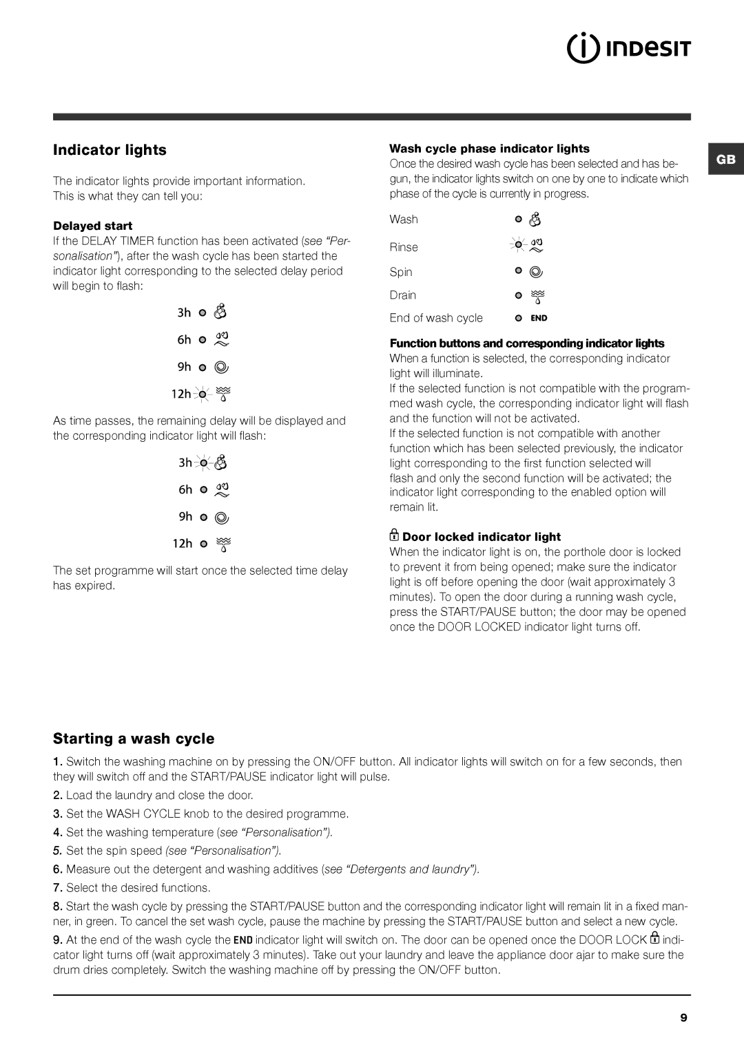 Indesit IWSC 61051 manual Indicator lights, Starting a wash cycle 