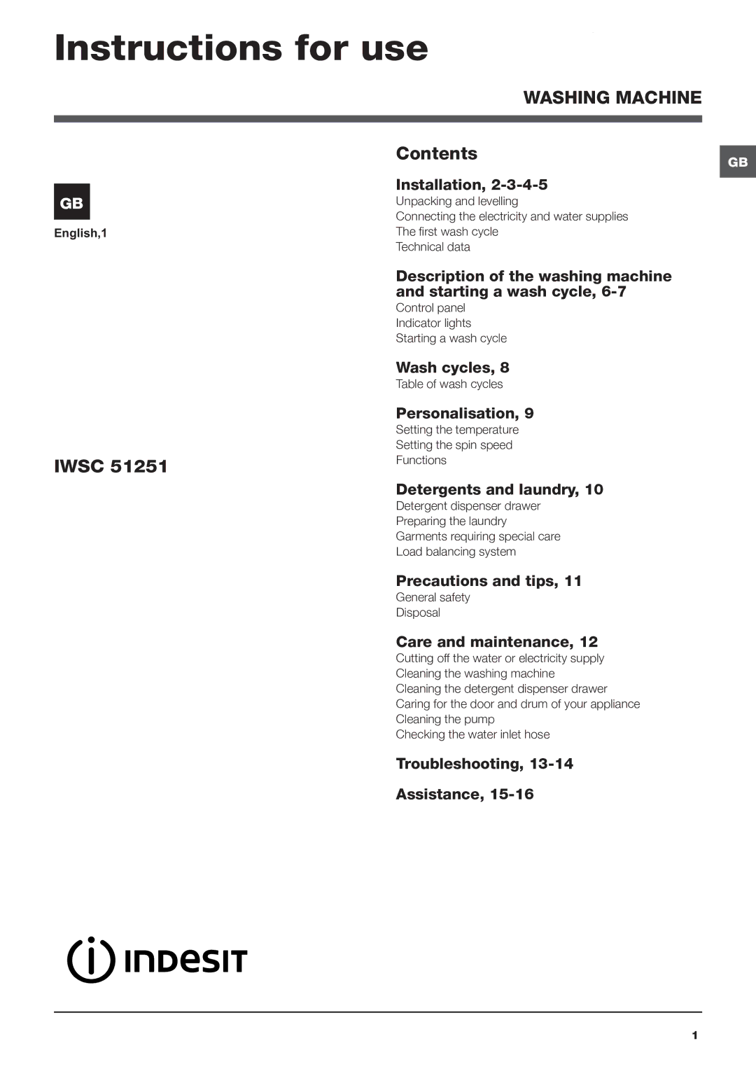 Indesit IWSC manual Instructions for use, Washing Machine 