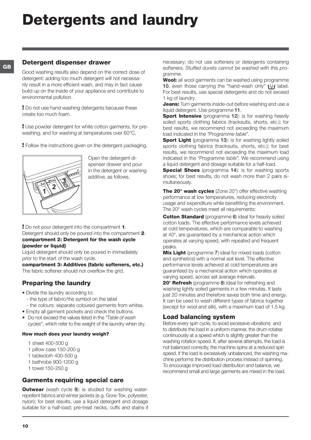 Indesit IWSC manual Detergents and laundry, Detergent dispenser drawer, Preparing the laundry, Load balancing system 