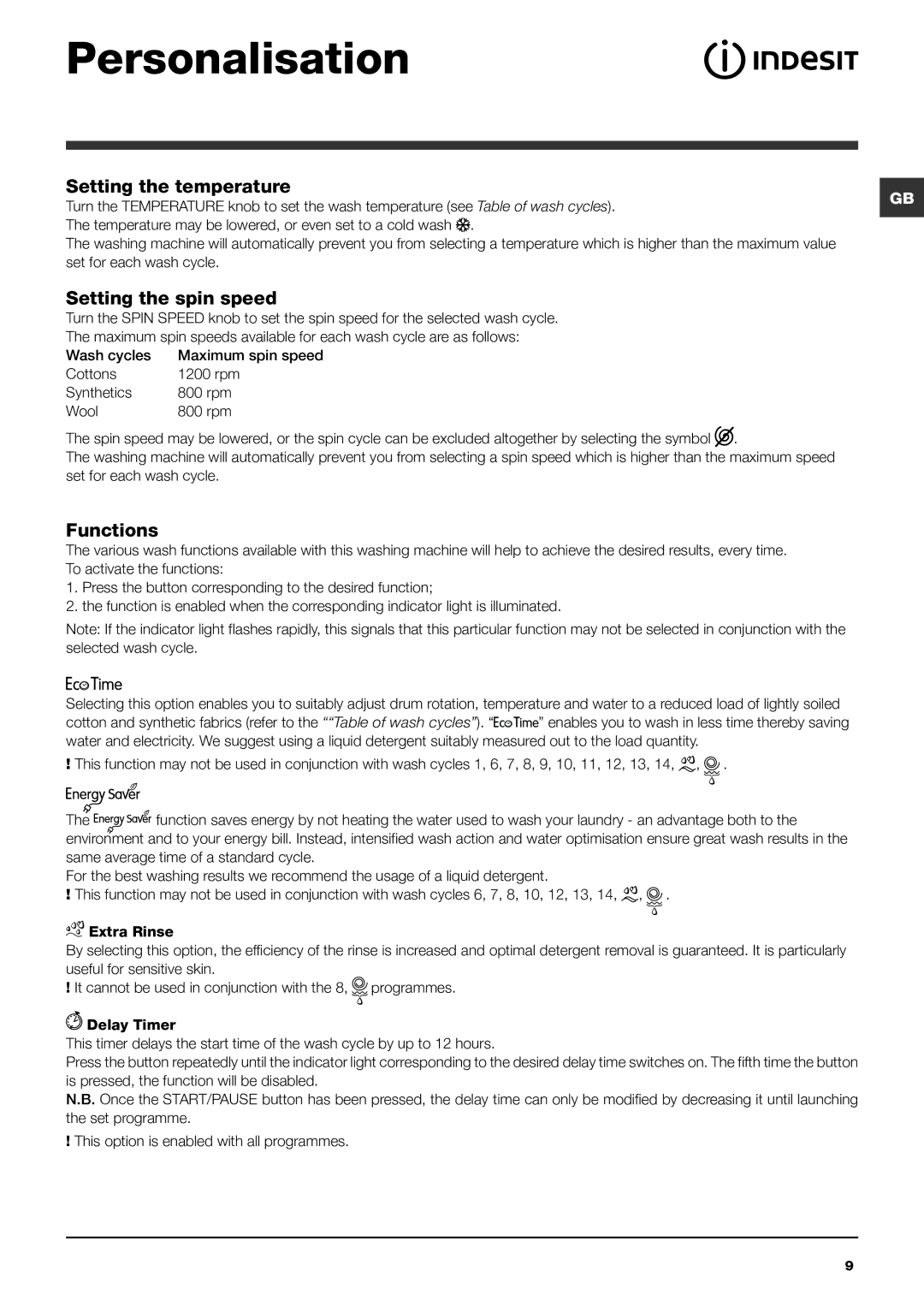 Indesit IWSC manual Personalisation, Functions, Table of wash cycles, Set for each wash cycle 