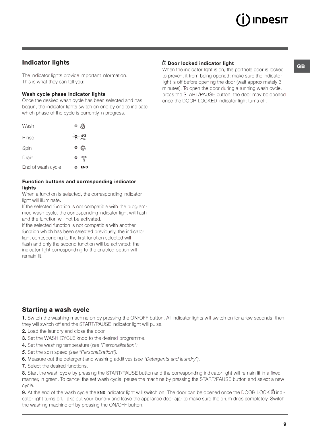 Indesit IWSD 51251 manual Indicator lights, Starting a wash cycle 