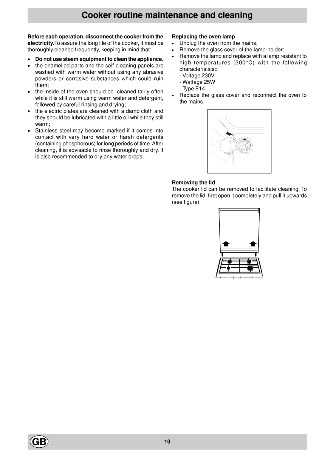 Indesit K 301 E.C/G manual Cooker routine maintenance and cleaning, · Do not use steam equipment to clean the appliance 