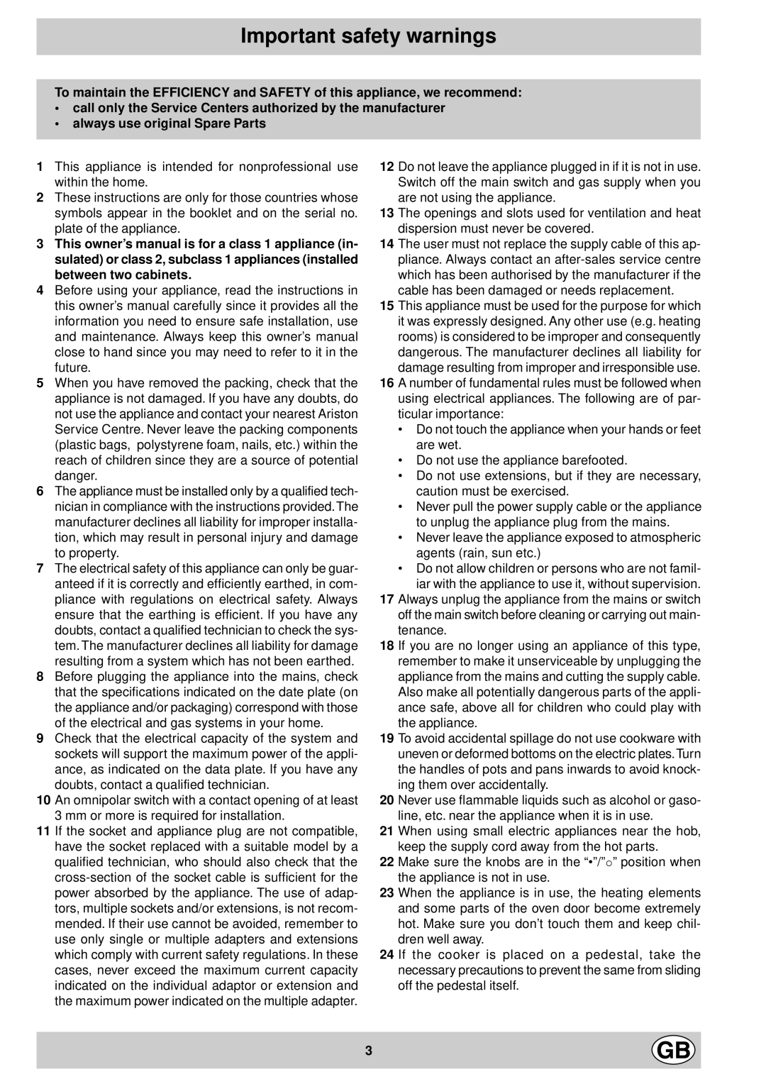 Indesit K 301 E.C/G manual Important safety warnings 