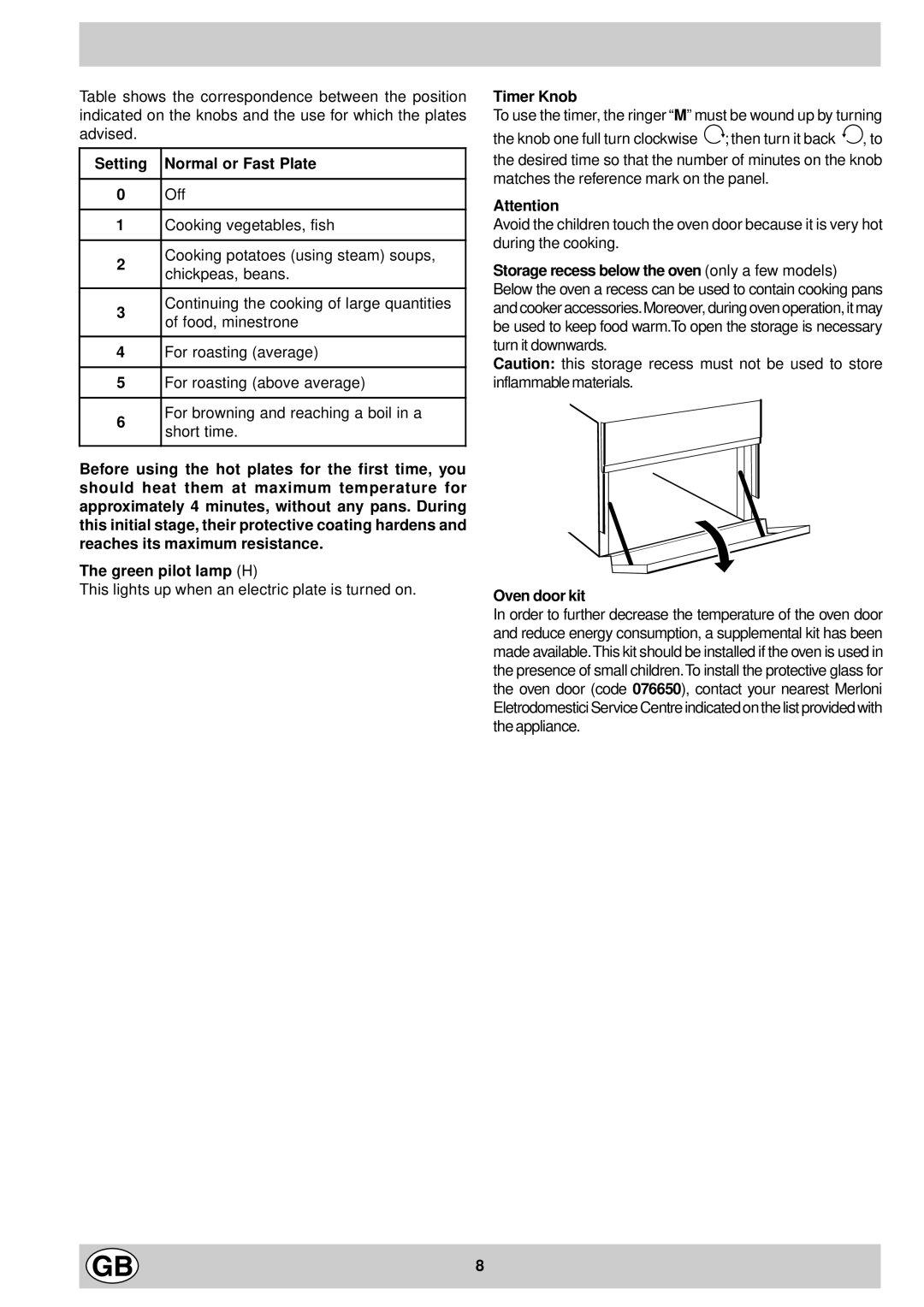 Indesit K 301 E.C/G manual Setting Normal or Fast Plate, Timer Knob 