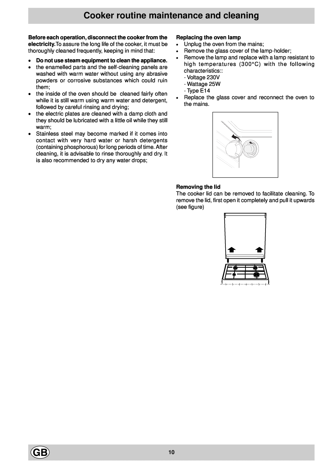 Indesit K 301 E.C/G manual Cooker routine maintenance and cleaning, · Do not use steam equipment to clean the appliance 
