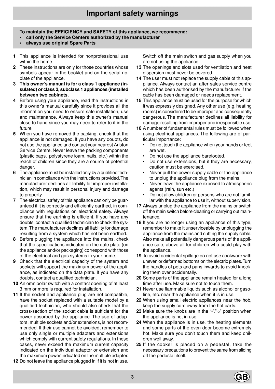 Indesit K 30 E/G, K 31 E/G manual Important safety warnings 