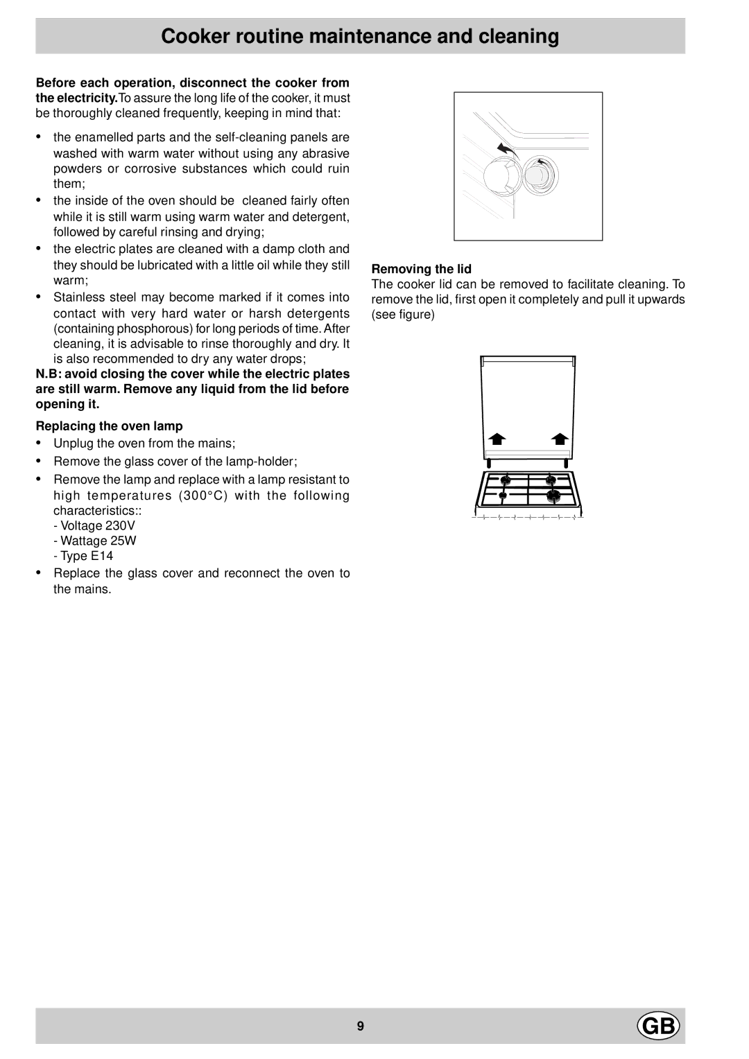 Indesit K 30 E/G, K 31 E/G manual Cooker routine maintenance and cleaning, Removing the lid 