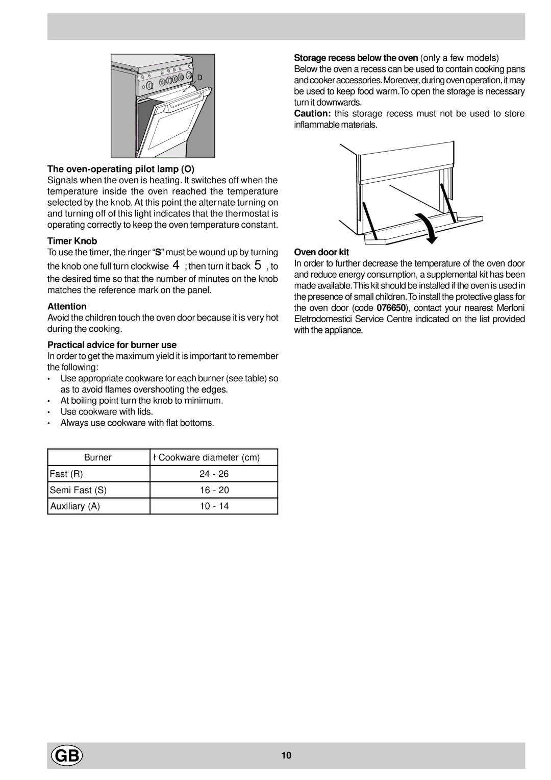 Indesit K 344 E.C/G manual Oven-operating pilot lamp O, Practical advice for burner use, Burner Cookware diameter cm 