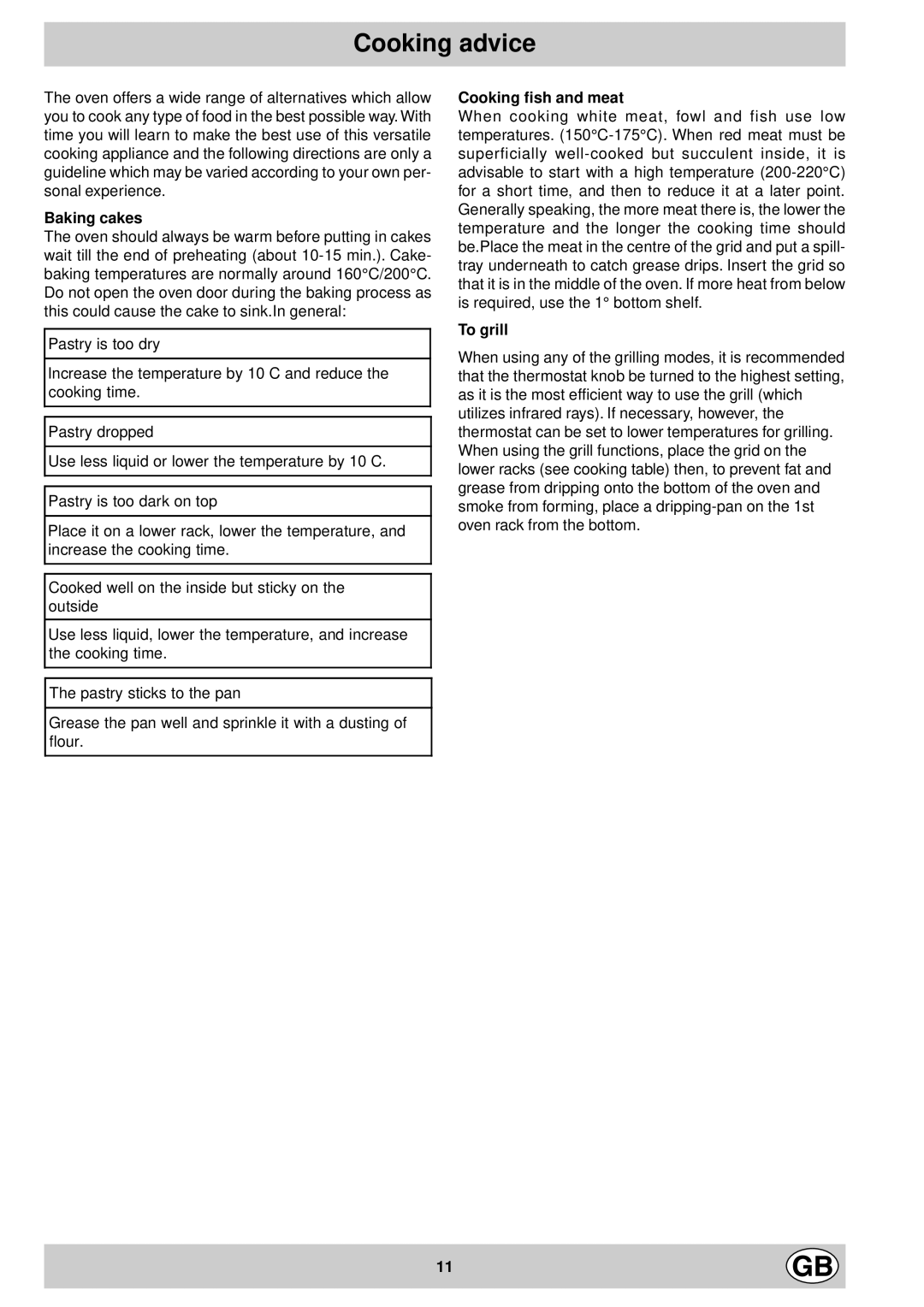 Indesit K 344 E.C/G manual Cooking advice 