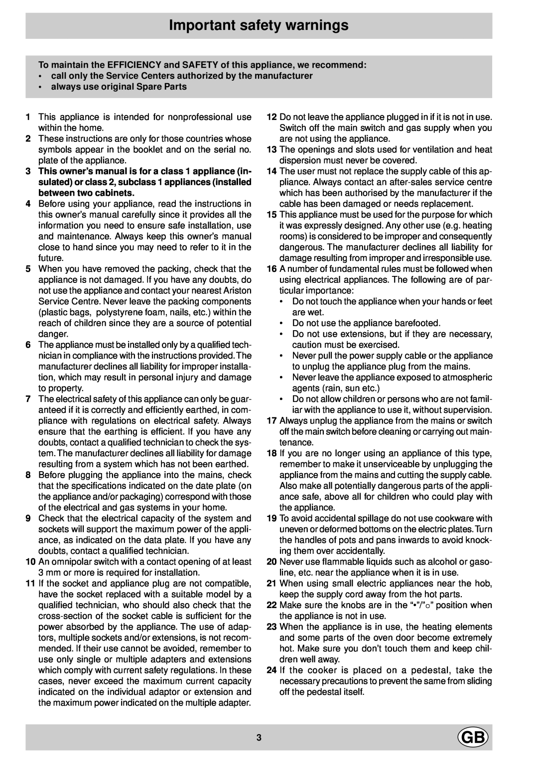 Indesit K 344 E.C/G manual Important safety warnings 