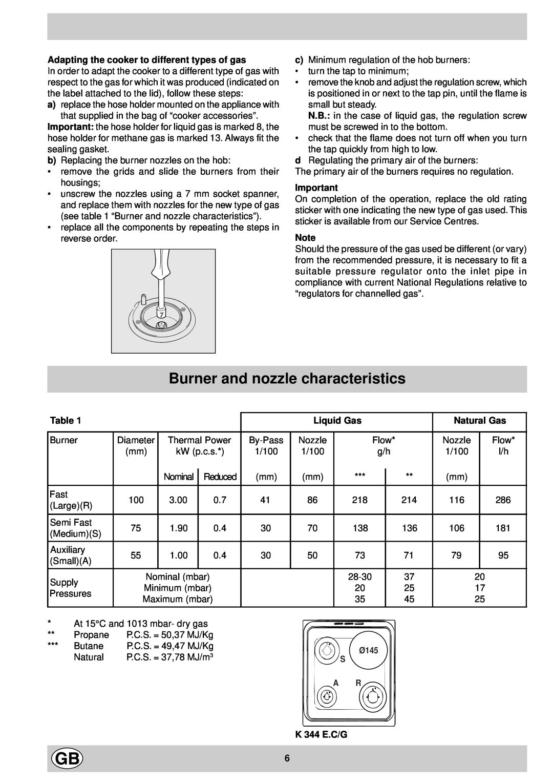 Indesit K 344 E.C/G manual Burner and nozzle characteristics, Adapting the cooker to different types of gas, Liquid Gas 