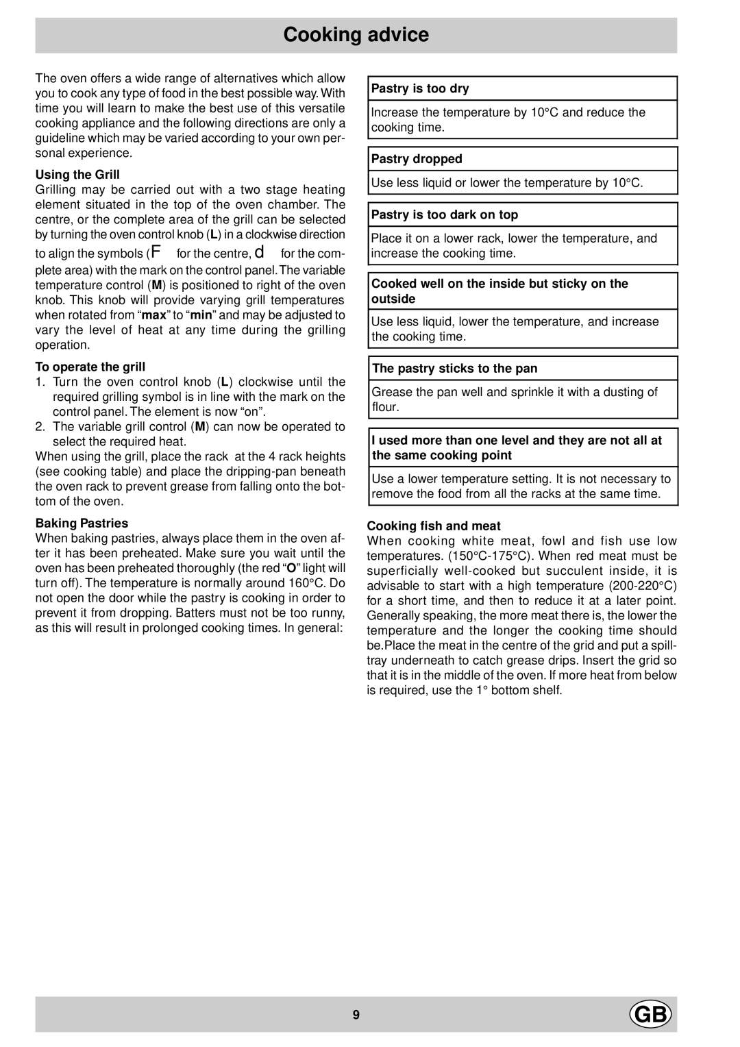 Indesit K 3C8 V.B A/G, K 3C8 V.B/G manual Cooking advice 