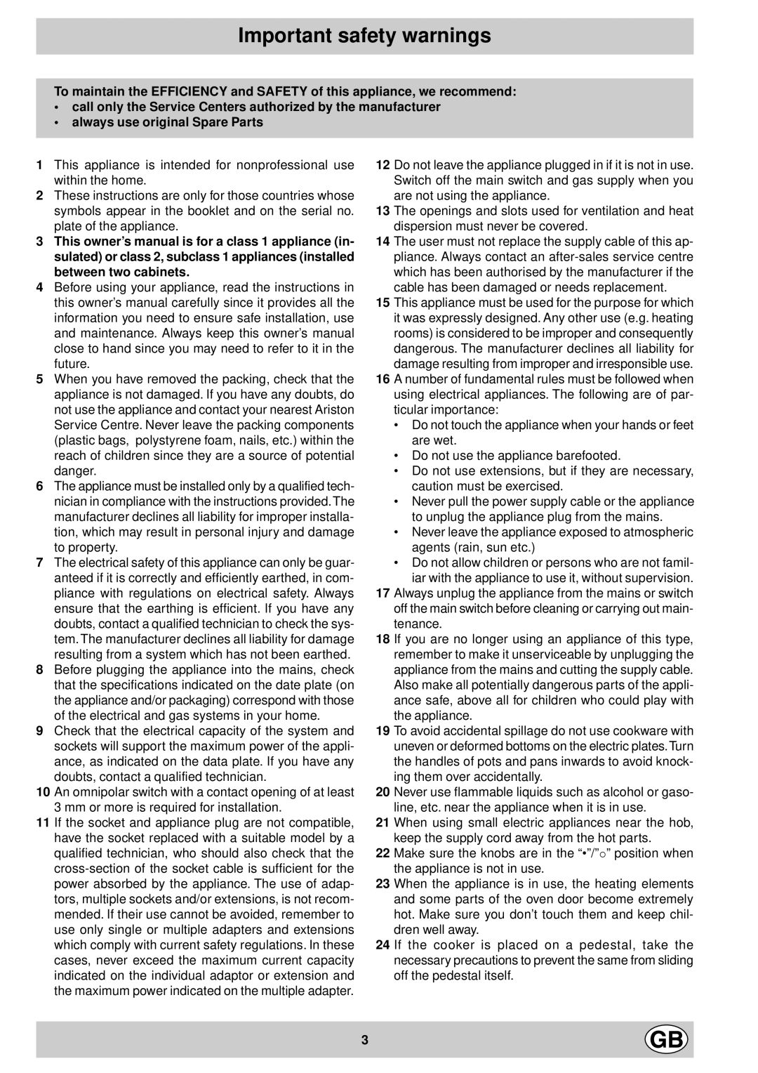 Indesit K 3C8 V.B A/G, K 3C8 V.B/G manual Important safety warnings 