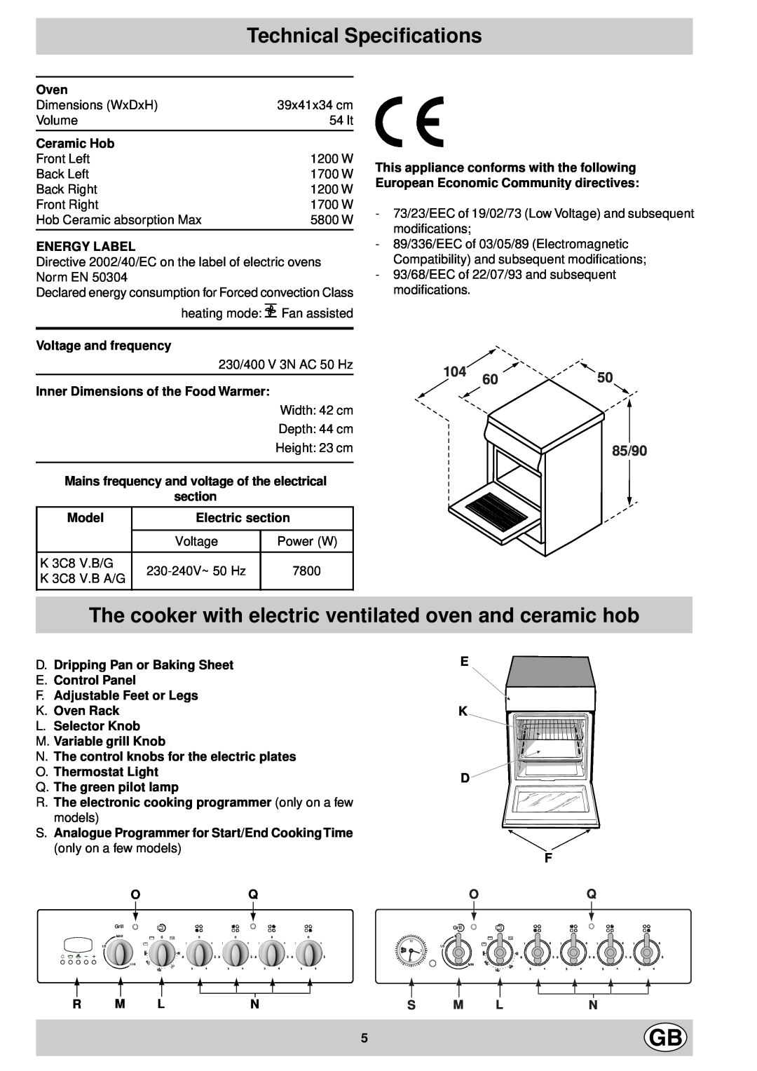 Indesit K 3C8 V.B A/G Technical Specifications, The cooker with electric ventilated oven and ceramic hob, Oven, Model 